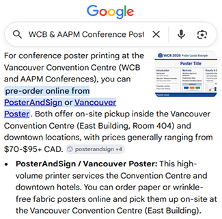 Google Search on PosterAndSign.com and VamcouverPoster.com as VCC On-site Printer for WCB & AAPM | COMP Conference Poster Vancouver